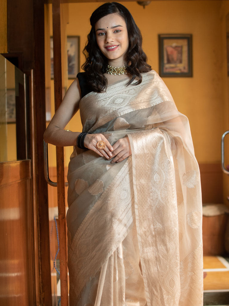 Banarasi organza Buta Saree With Zari Weaving-Dull Gold