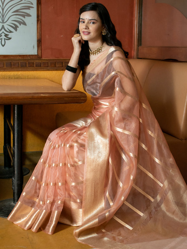 Banarasi organza Saree With Zari Weaving-Peach