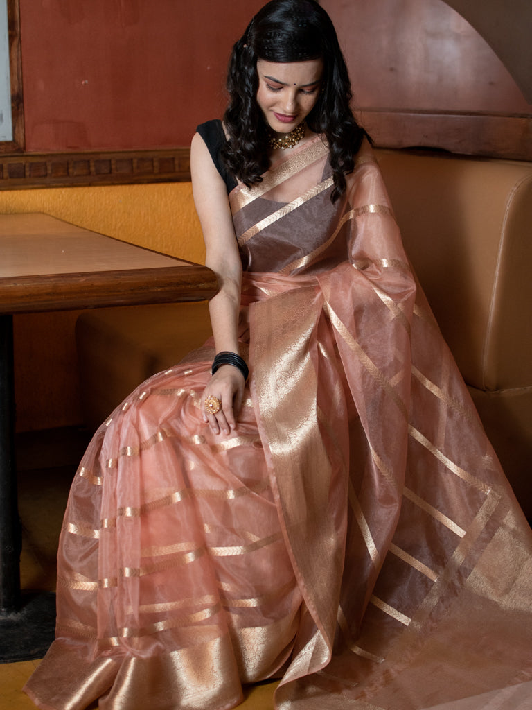 Banarasi organza Saree With Zari Weaving-Peach