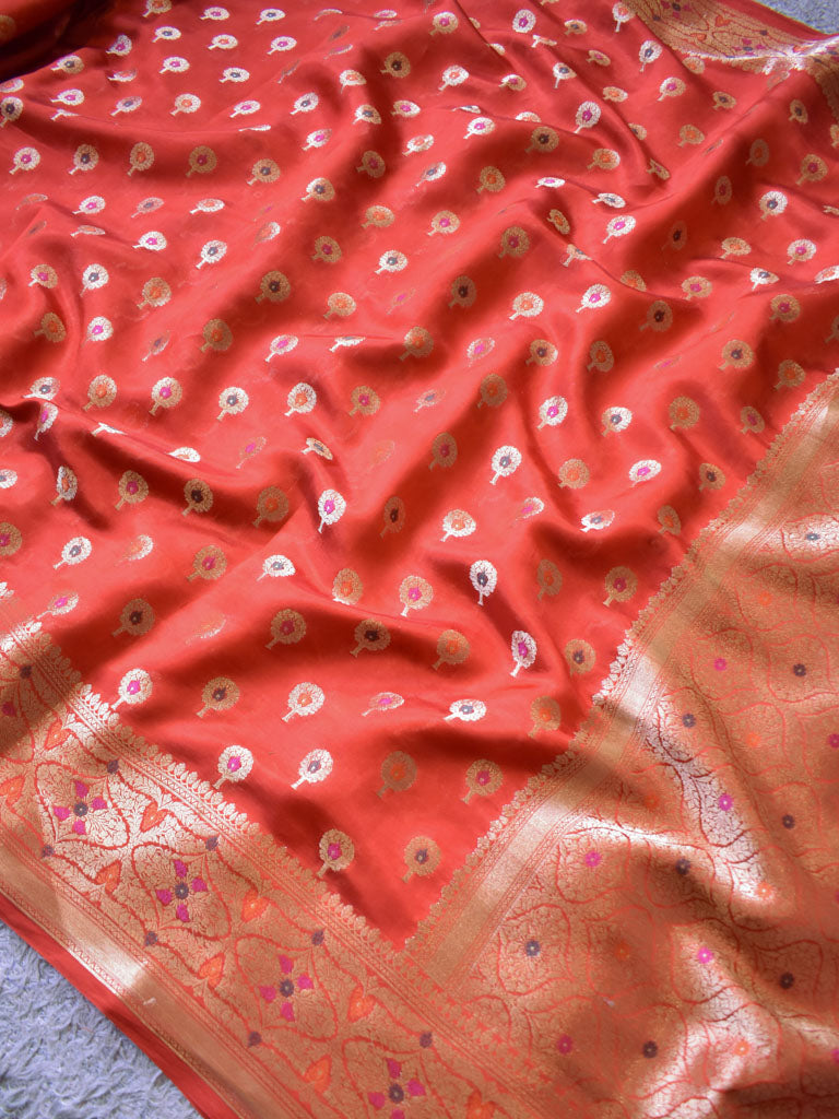 Banarasi Handwoven Pure Dupion Silk Saree With Meena & Zari Floral Weaving-Red