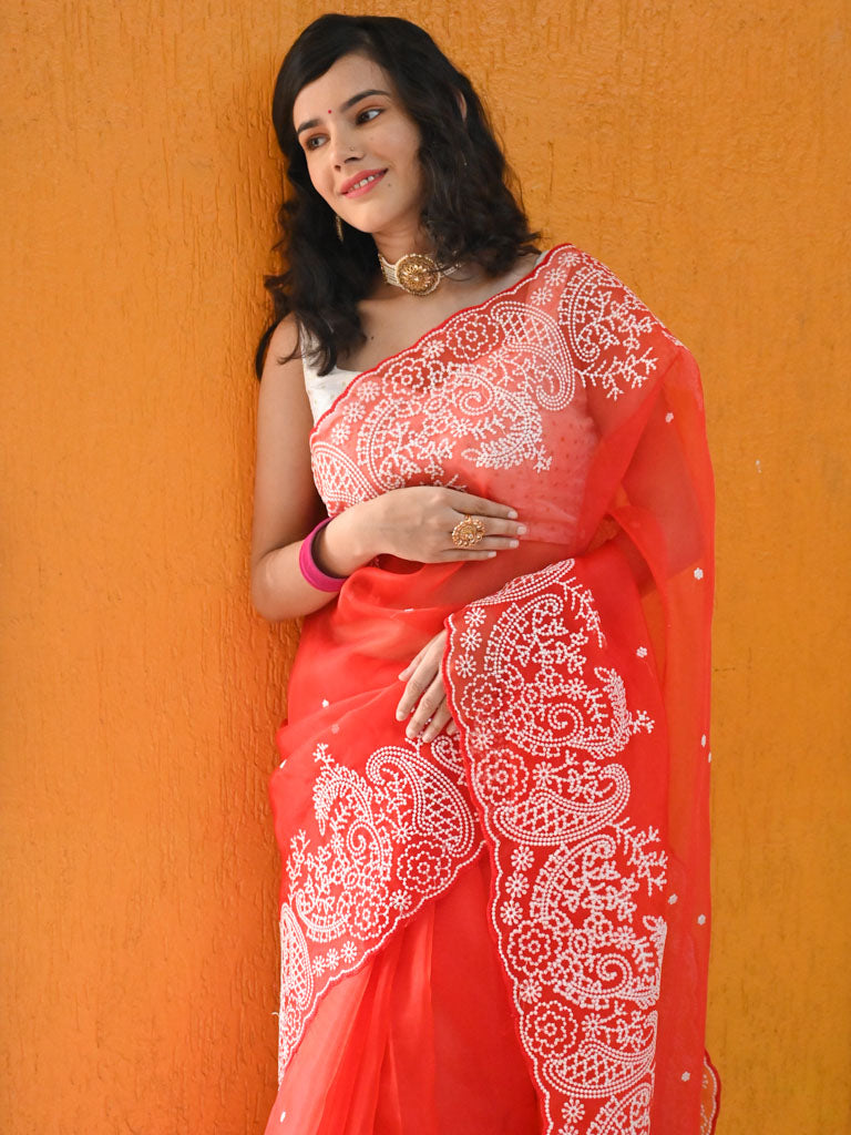 Floral Embroidered Organza Mix Saree-Red
