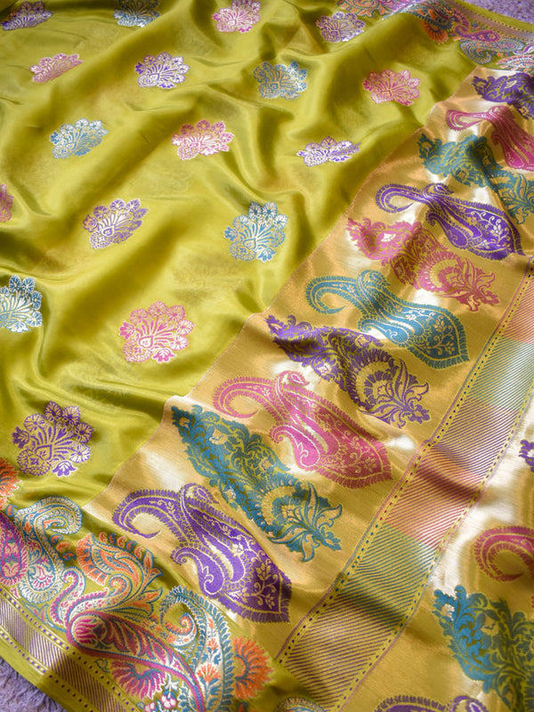 Banarasi Handwoven Pure Dupion Silk Saree With Meena & Zari Floral Weaving-Mehndi Green