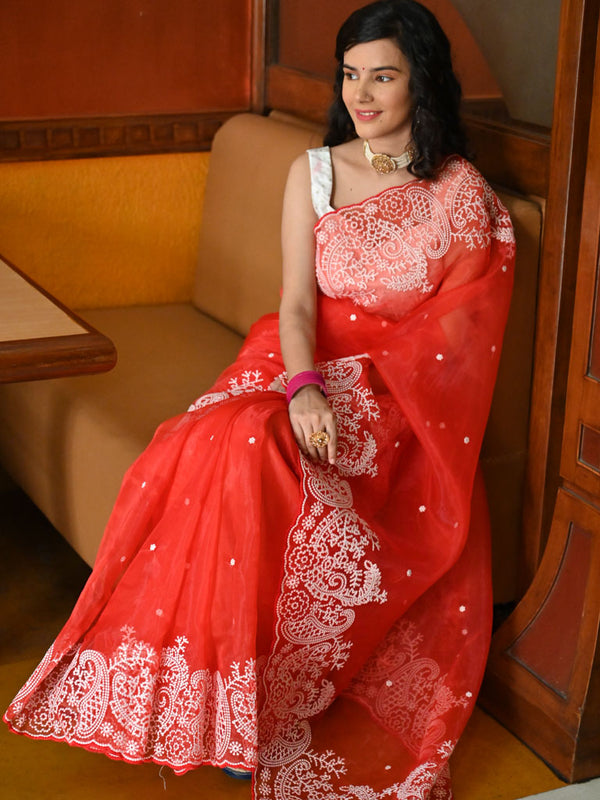 Floral Embroidered Organza Mix Saree-Red
