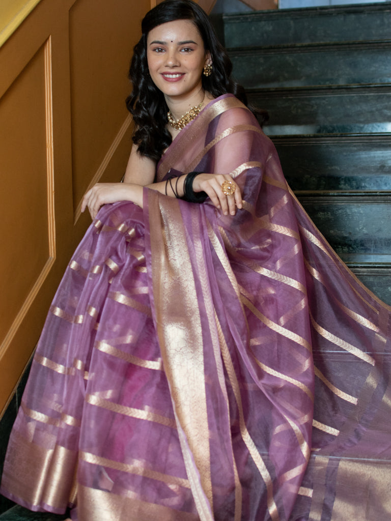 Banarasi organza Saree With Zari Weaving-Purple