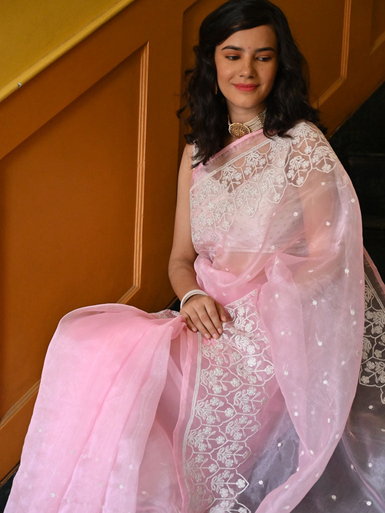 Floral Embroidered Organza Mix Saree-Baby Pink