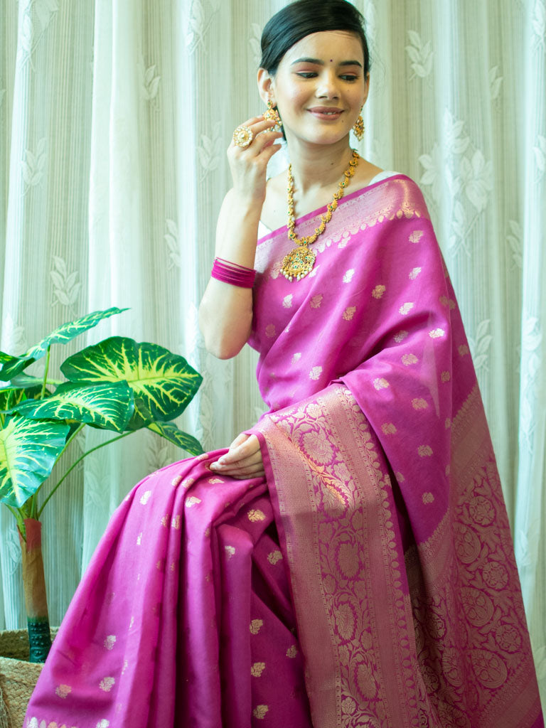 Banarasi Semi Silk Saree With Zari Weaving-Pink