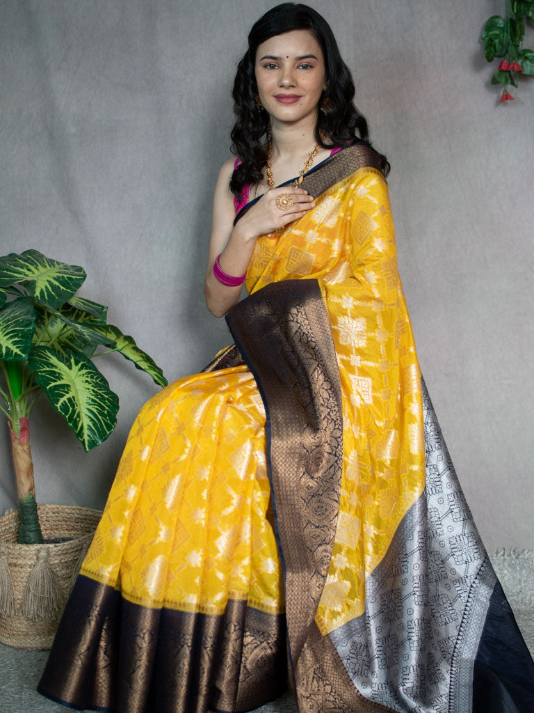 Banarasi Semi Georgette Saree With Antique  Zari Buti Weaving & Contrast Border-Yellow