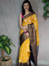 Banarasi Semi Georgette Saree With Antique  Zari Buti Weaving & Contrast Border-Yellow