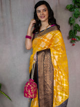 Banarasi Semi Georgette Saree With Antique  Zari Buti Weaving & Contrast Border-Yellow