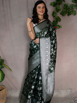 Banarasi Semi Georgette Saree With Jaal Weaving-Green