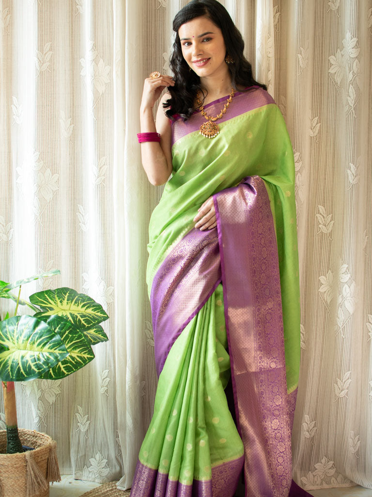 Banarasi Semi Silk Saree With Zari Weaving & Contrast Border-Green