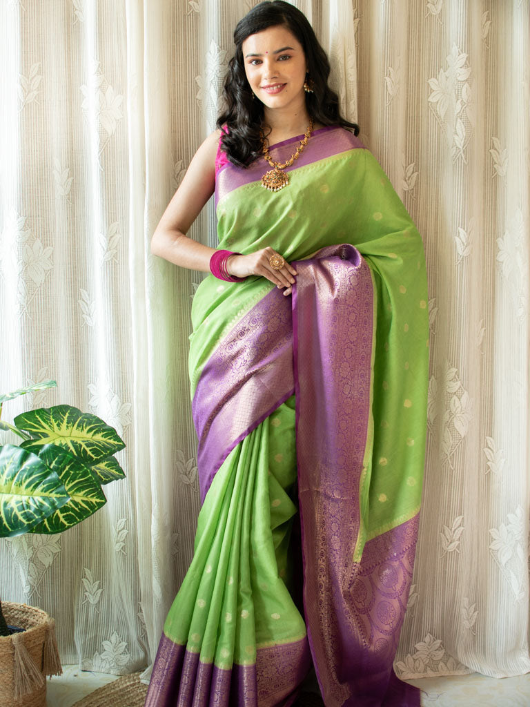 Banarasi Semi Silk Saree With Zari Weaving & Contrast Border-Green