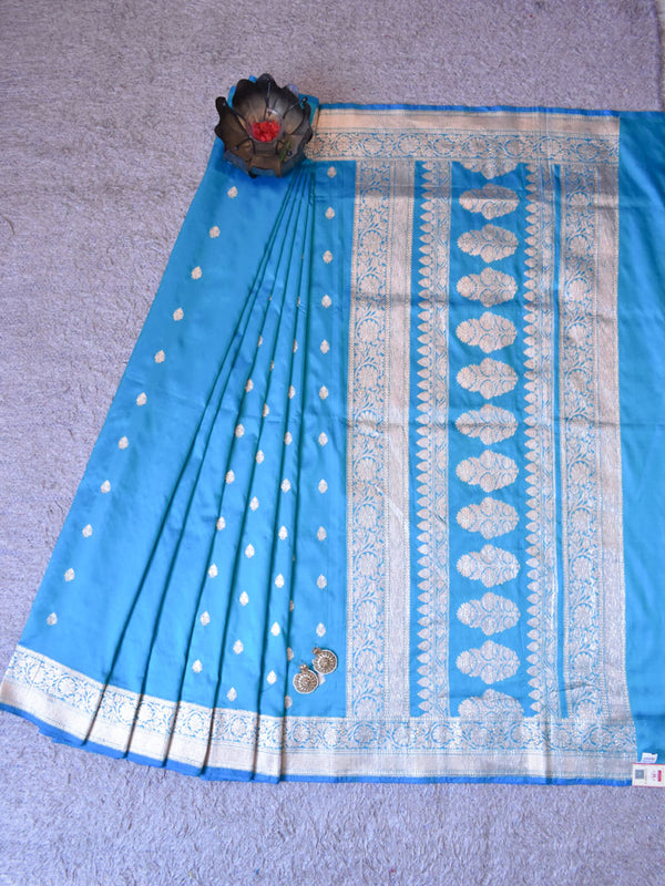 Banarasi Pure Katan Silk Saree With Zari Buti Weaving & Border-Blue
