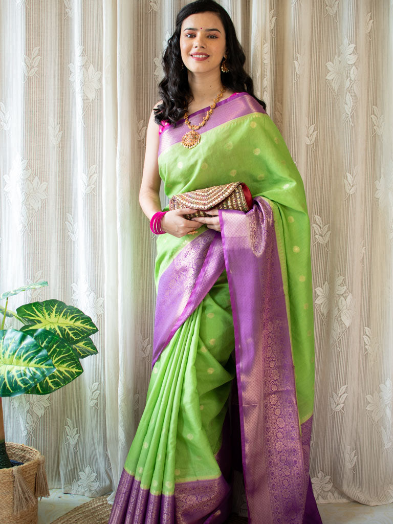 Banarasi Semi Silk Saree With Zari Weaving & Contrast Border-Green