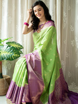Banarasi Semi Silk Saree With Zari Weaving & Contrast Border-Green