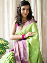 Banarasi Semi Silk Saree With Zari Weaving & Contrast Border-Green