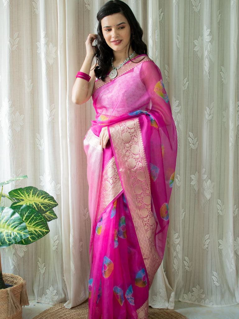 Banarasi Bandhani Dyed Organza Saree With Zari Border-Pink