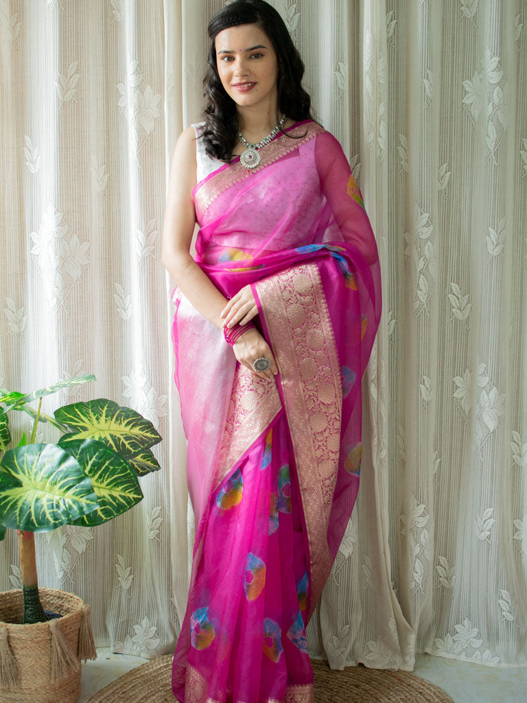 Banarasi Bandhani Dyed Organza Saree With Zari Border-Pink