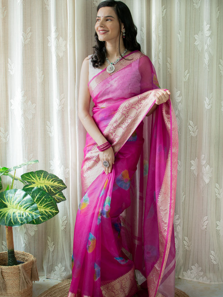 Banarasi Bandhani Dyed Organza Saree With Zari Border-Pink