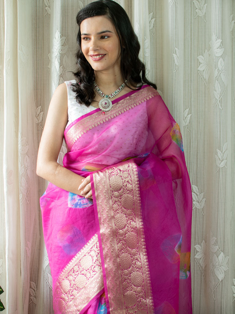 Banarasi Bandhani Dyed Organza Saree With Zari Border-Pink