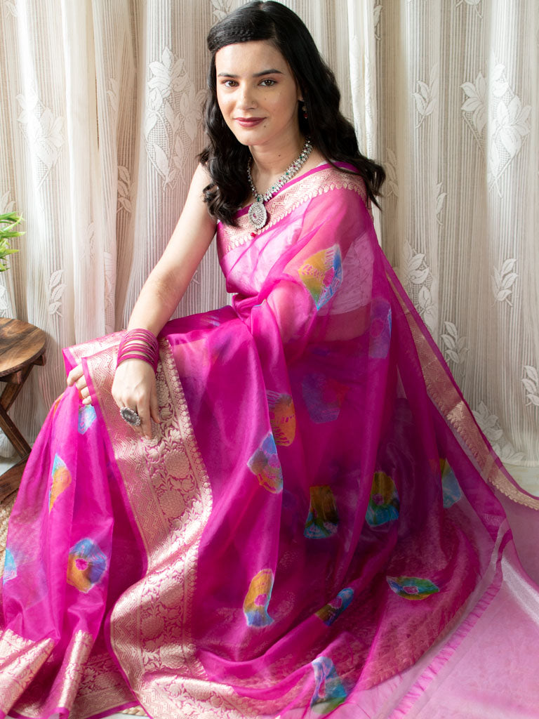 Banarasi Bandhani Dyed Organza Saree With Zari Border-Pink