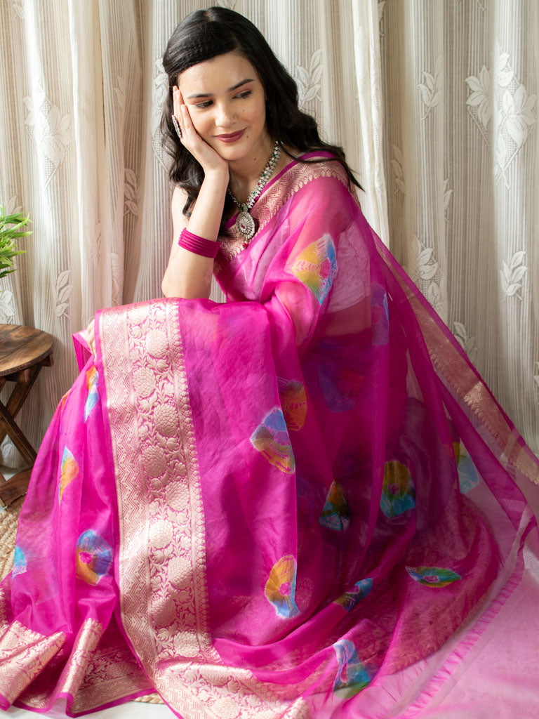 Banarasi Bandhani Dyed Organza Saree With Zari Border-Pink