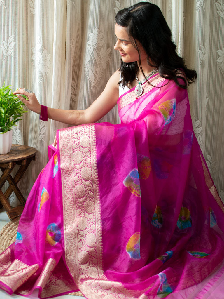 Banarasi Bandhani Dyed Organza Saree With Zari Border-Pink