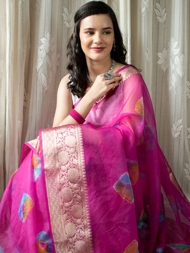 Banarasi Bandhani Dyed Organza Saree With Zari Border-Pink