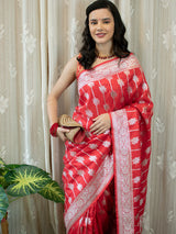 Banarasi Art Katan Silk Saree With Silver Zari Weaving-Red