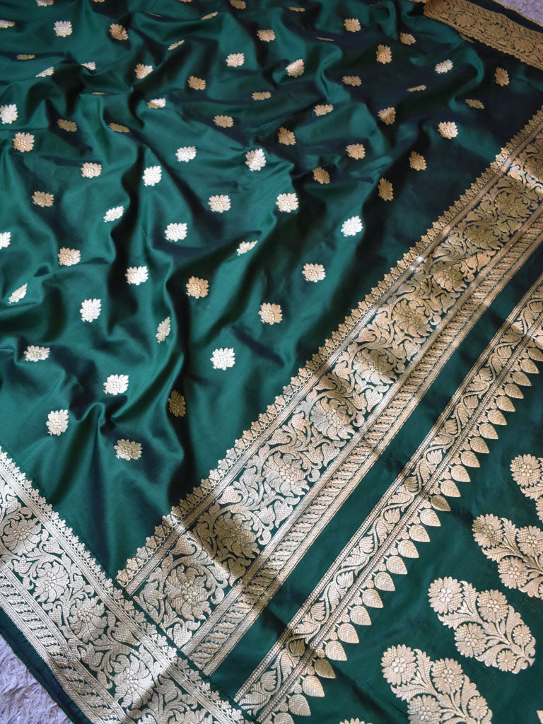 Banarasi Pure Katan Silk Saree With Zari Buti Weaving & Border-Green