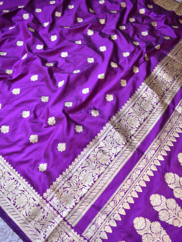 Banarasi Pure Katan Silk Saree With Zari Buti Weaving & Border-Purple