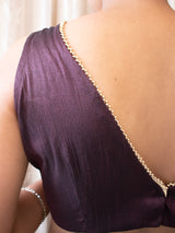 Raw Silk Stitched Sleeveless V-neck Blouse-Wine