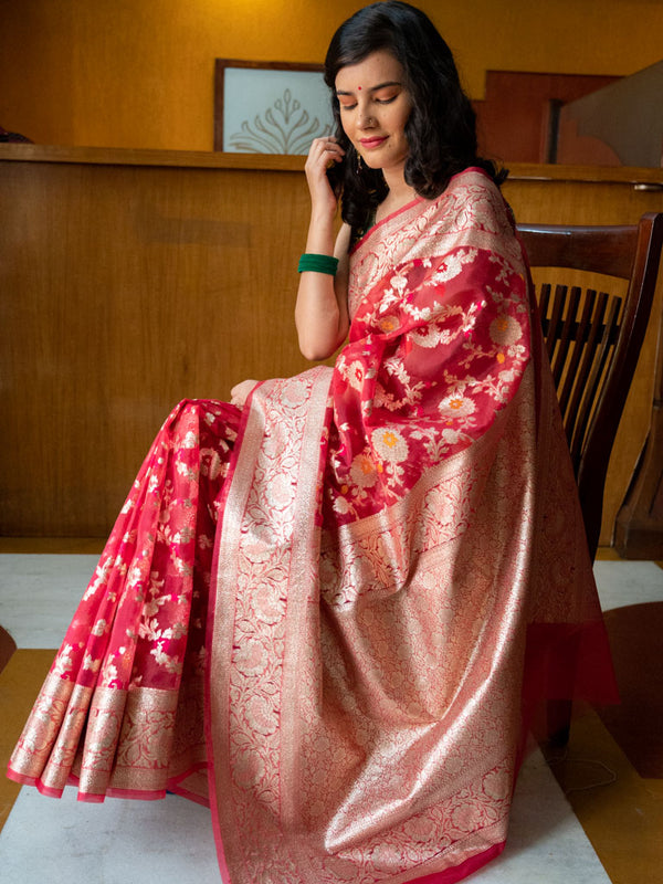 Banarasi Kora Saree With Aada Jaal Silver Zari & Meena Weaving-Red