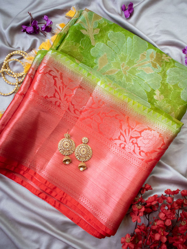 Banarasi Soft Tissue Saree With Zari Weaving & Contrast Border-Green