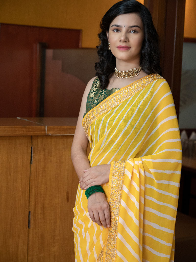 Chiffon Leheriya Saree With Gold Embroidered Border-Yellow
