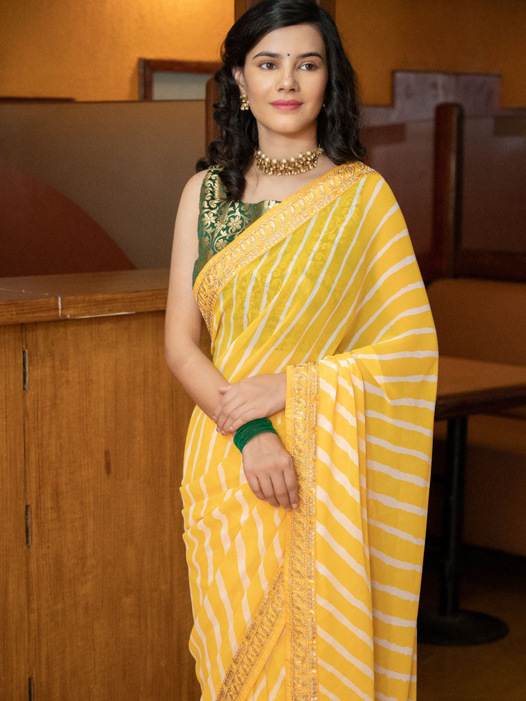 Chiffon Leheriya Saree With Gold Embroidered Border-Yellow