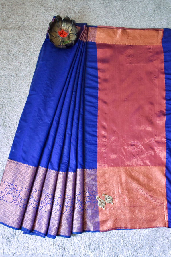 Banarasi Cotton Silk Saree Plain Body With Antique Zari Skirt Border -Blue