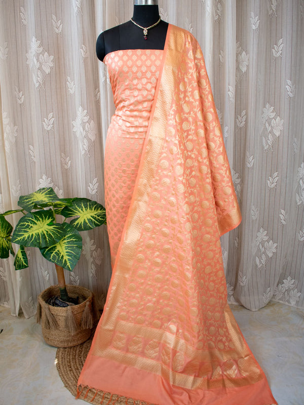 Banarasi Semi Silk Zari Weaving Salwar Kameez Material With Dupatta-Peach