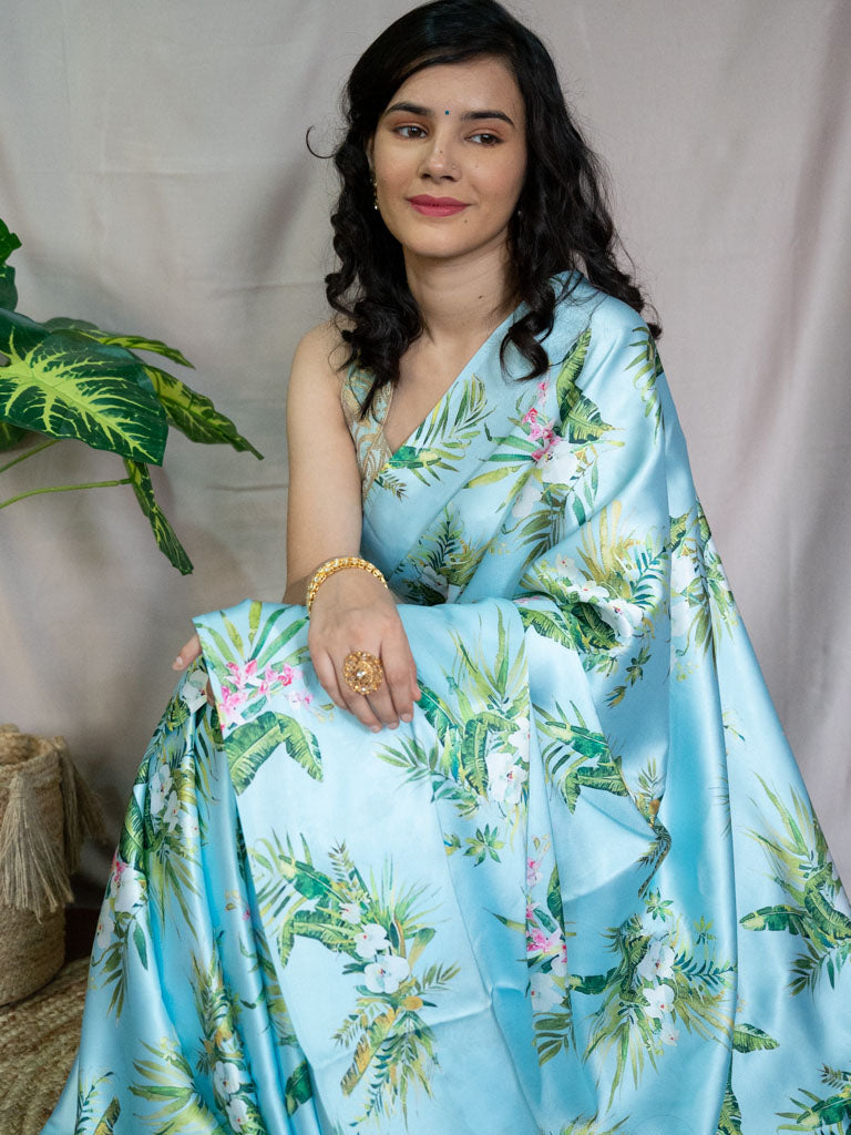 Floral Printed Satin Silk Saree-Blue