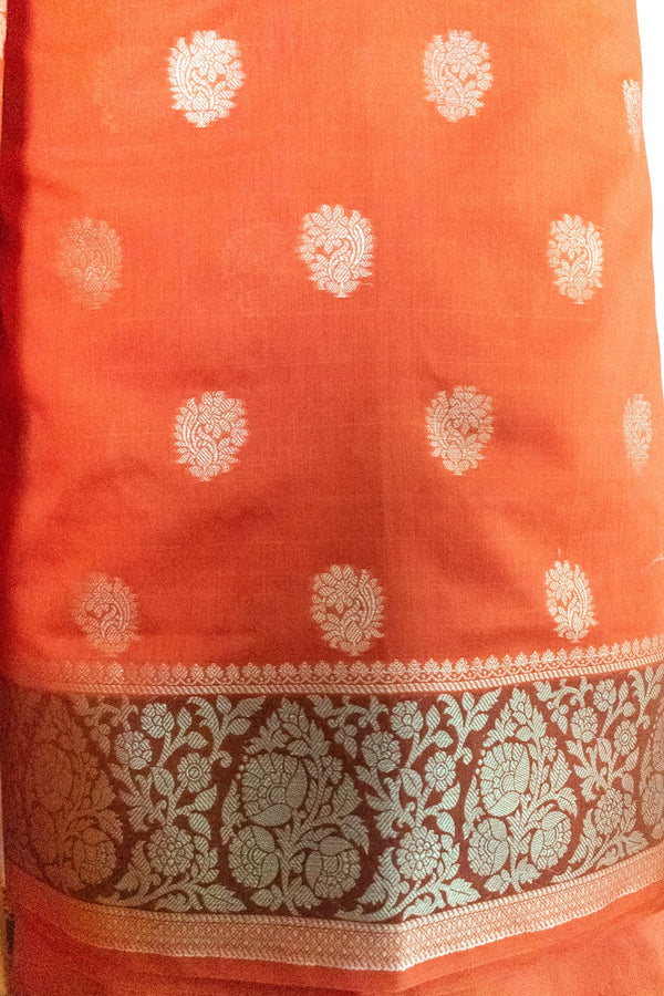 Banarasi Chanderi Cotton Shaded Salwar Kameez Material With Jaal Weaving Dupatta-Orange