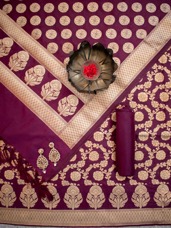 Banarasi Semi Silk Zari Weaving Salwar Kameez Material With Dupatta-Wine