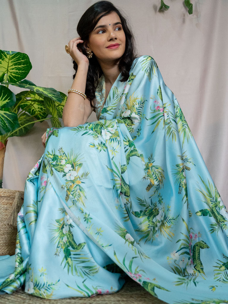 Floral Printed Satin Silk Saree-Blue