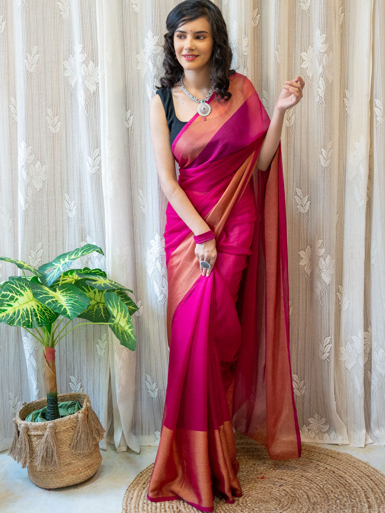 Dual Shade Semi Chiffon Saree With Zari Border- Pink
