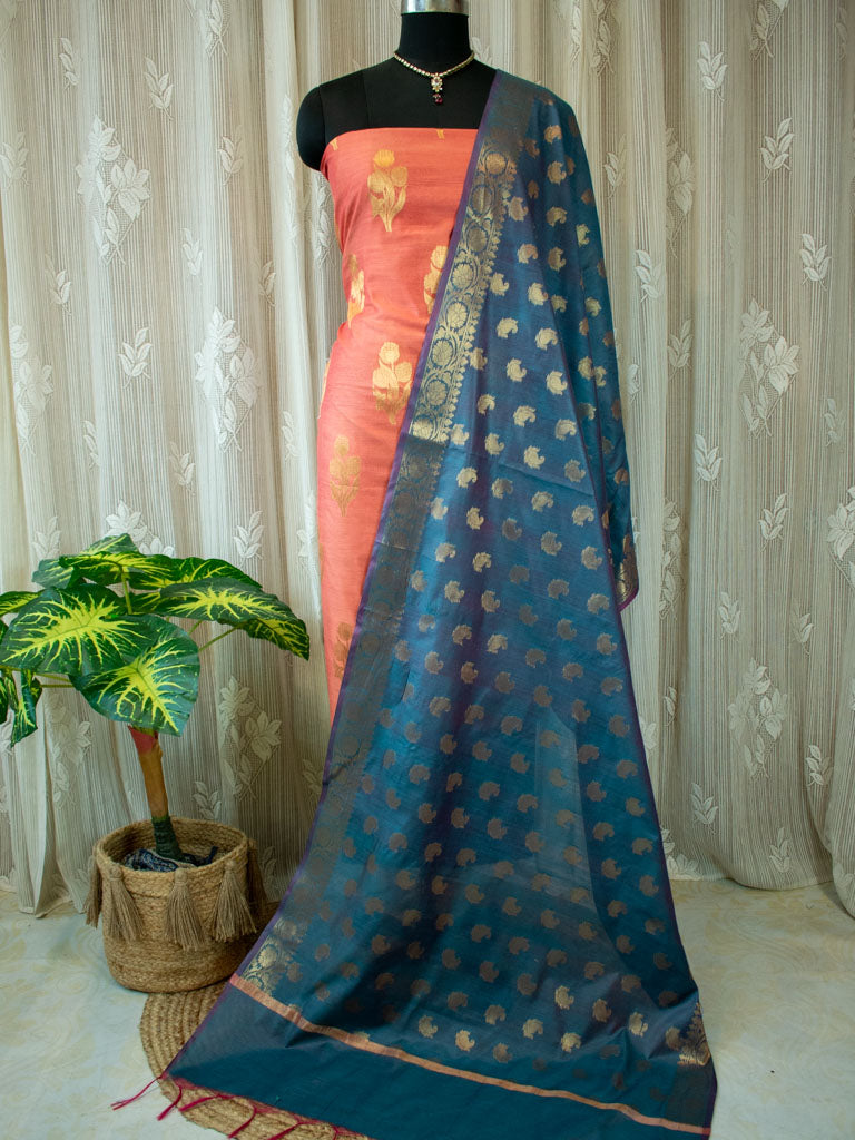 Banarasi Semi Silk Zari Weaving Salwar Kameez Material With Buti Dupatta-Peach & Blue