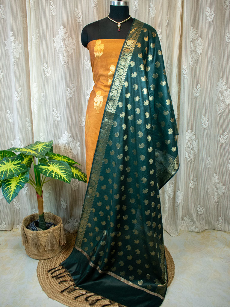 Banarasi Semi Silk Zari Weaving Salwar Kameez Material With Buti Dupatta-Yellow & Green