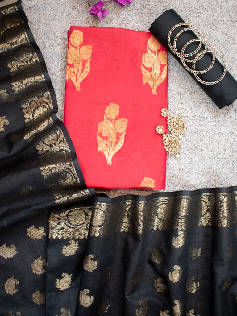 Banarasi Semi Silk Zari Weaving Salwar Kameez Material With Buti Dupatta-Red & Black