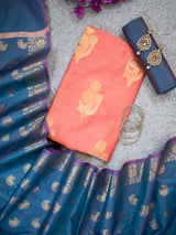Banarasi Semi Silk Zari Weaving Salwar Kameez Material With Buti Dupatta-Peach & Blue