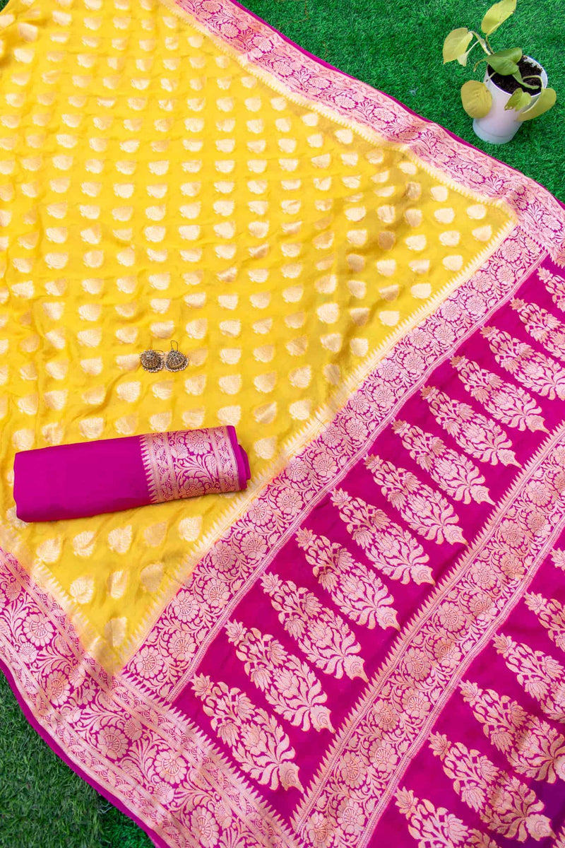 Banarasi Chiffon Saree Gold Zari Weaving And Contrast Border-Yellow