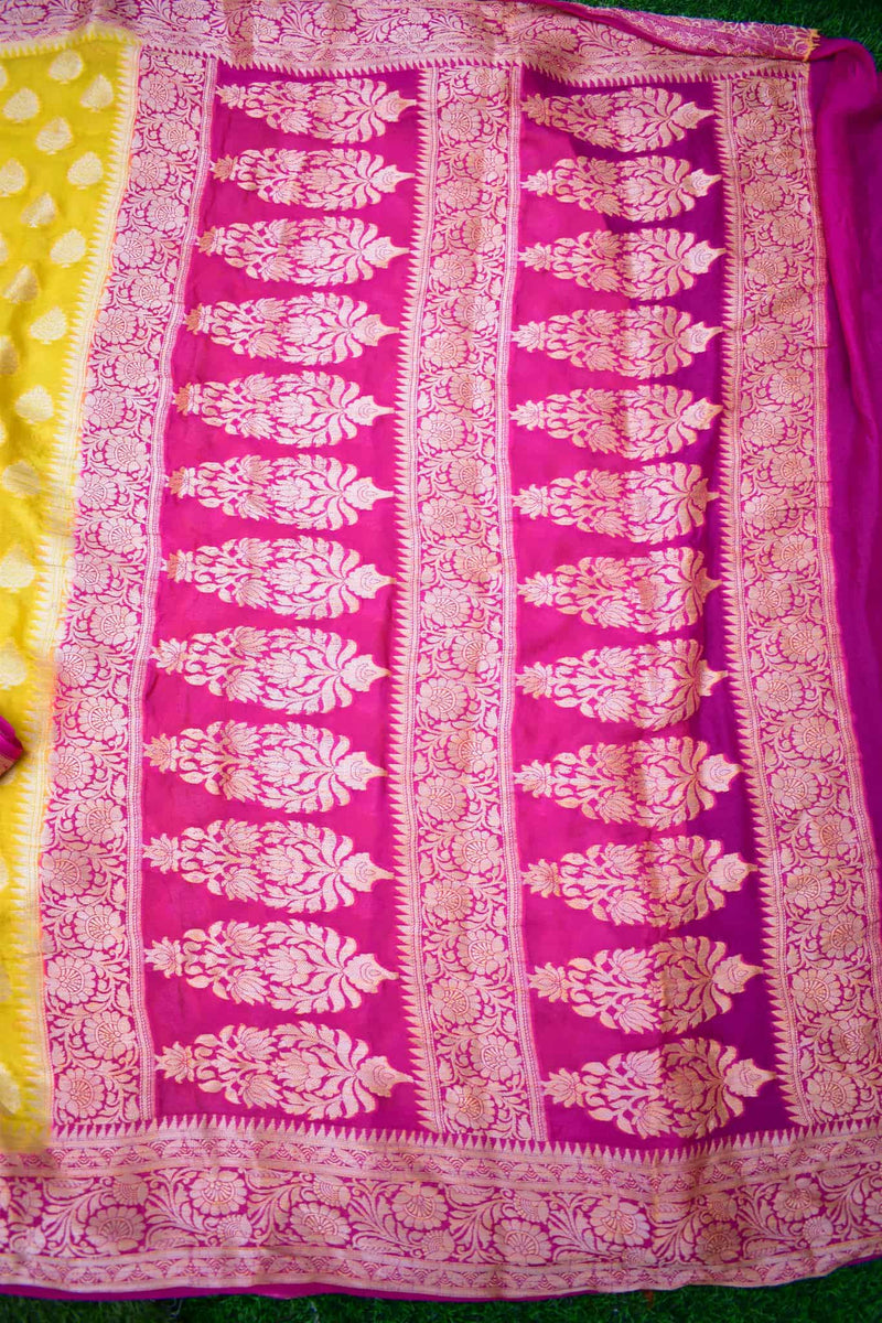 Banarasi Chiffon Saree Gold Zari Weaving And Contrast Border-Yellow