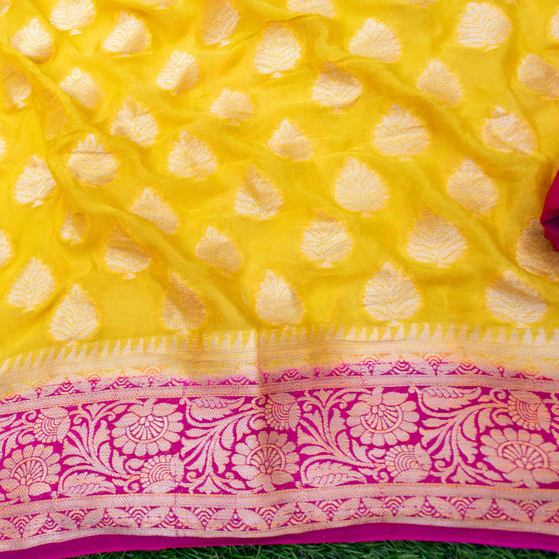 Banarasi Chiffon Saree Gold Zari Weaving And Contrast Border-Yellow